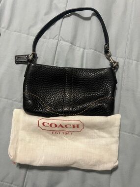Coach Black Pebbled Leather Mini Wristlet with Contrast Stitching